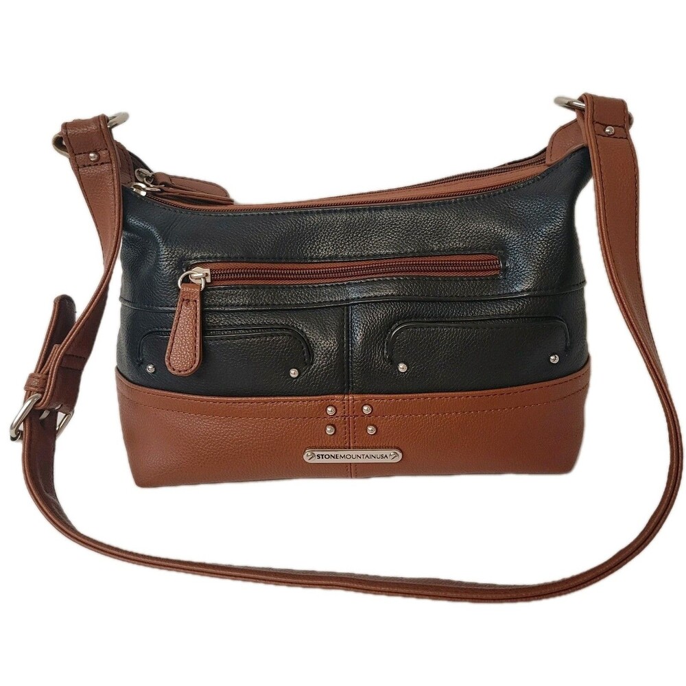 Stone Mountain USA Black Brown Bag Multi Pocket Organizer Shoulder Purse - Picture 2 of 11